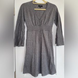 Express Gray Sweater Dress Babydoll Bell Sleeve Small Rayon Nylon Cotton V-Neck